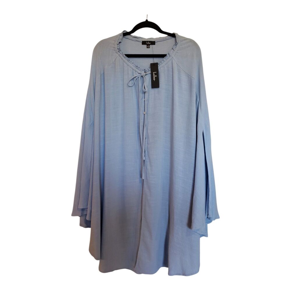 Lulus Oversize Poncho Top Cape Small Blue Round Neck Button Drawstring Linen NWT